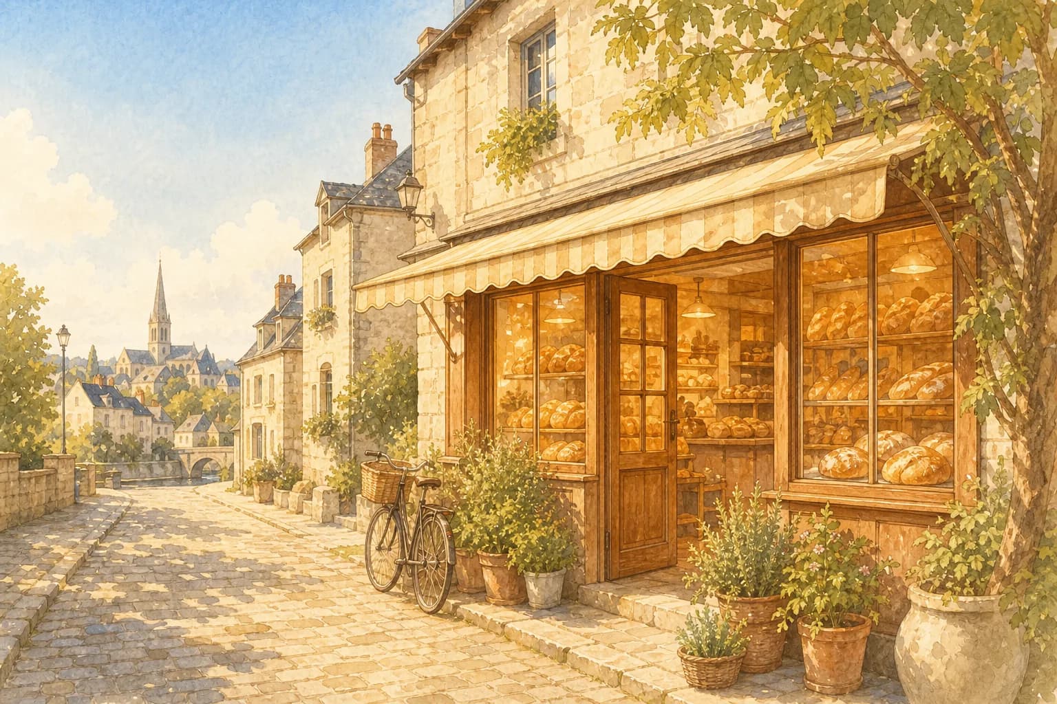 La devanture d’une boulangerie sur une rue pavée, sa vitrine pleine de pains.