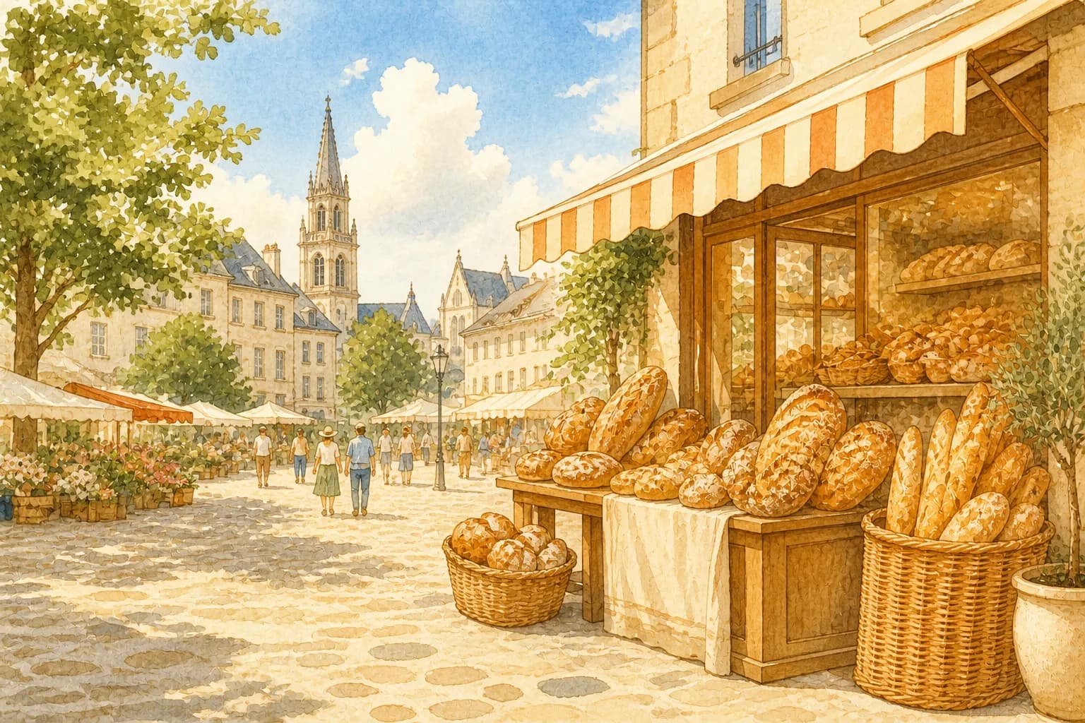 Un étal de pains devant une boulangerie, un matin de marché sur une place pavée.