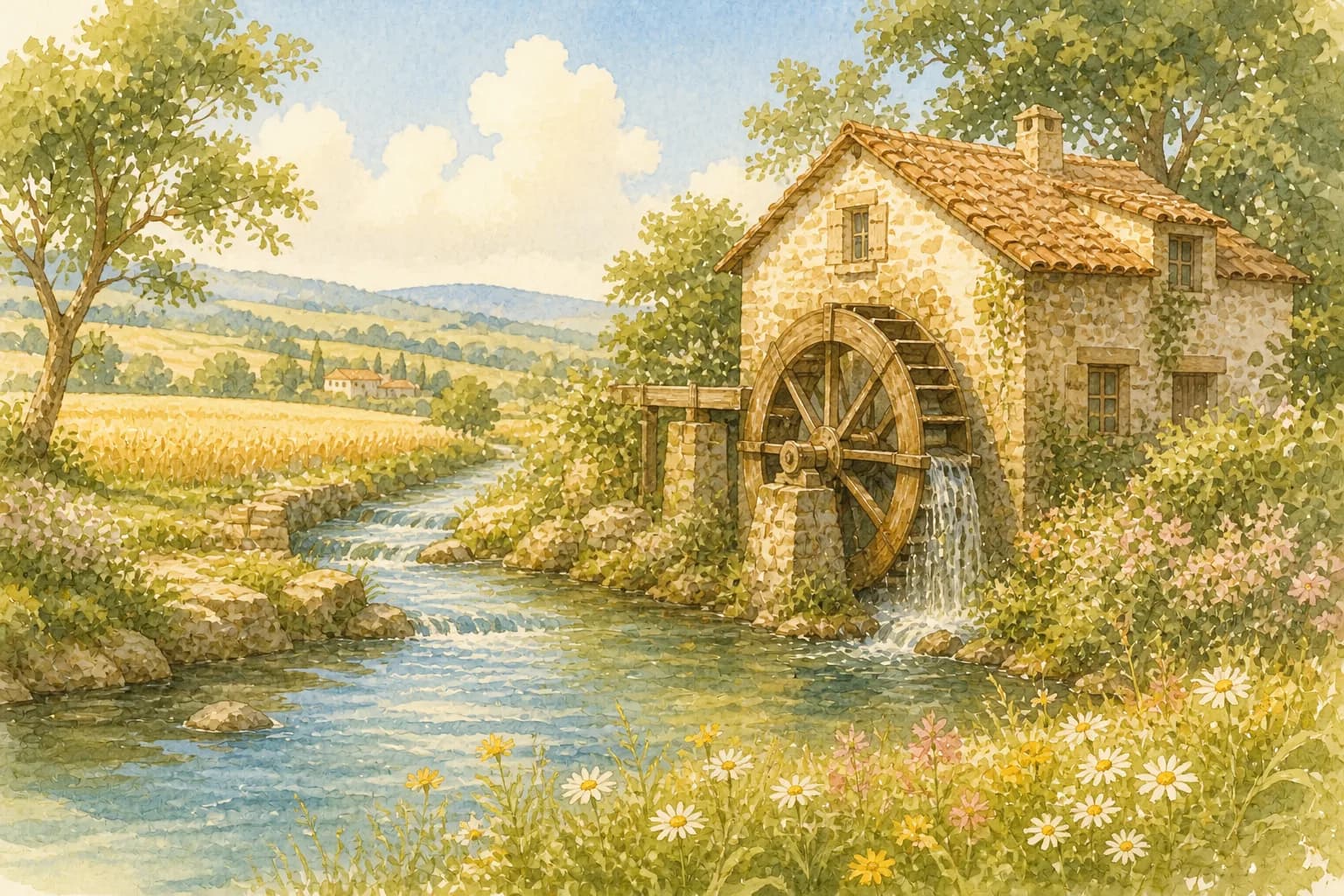 Un moulin à eau de pierre au bord d’un ruisseau, sa roue en bois et un champ de blé.