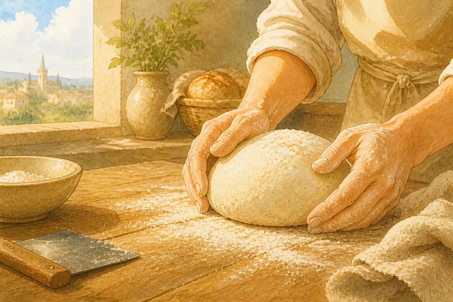 Les mains d’un boulanger travaillant un pâton sur un plan de travail fariné.